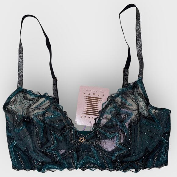 Savage X Fenty Shining Star Embroidered Unlined Demi Bra | 32D | Blue Festival - Picture 2 of 10